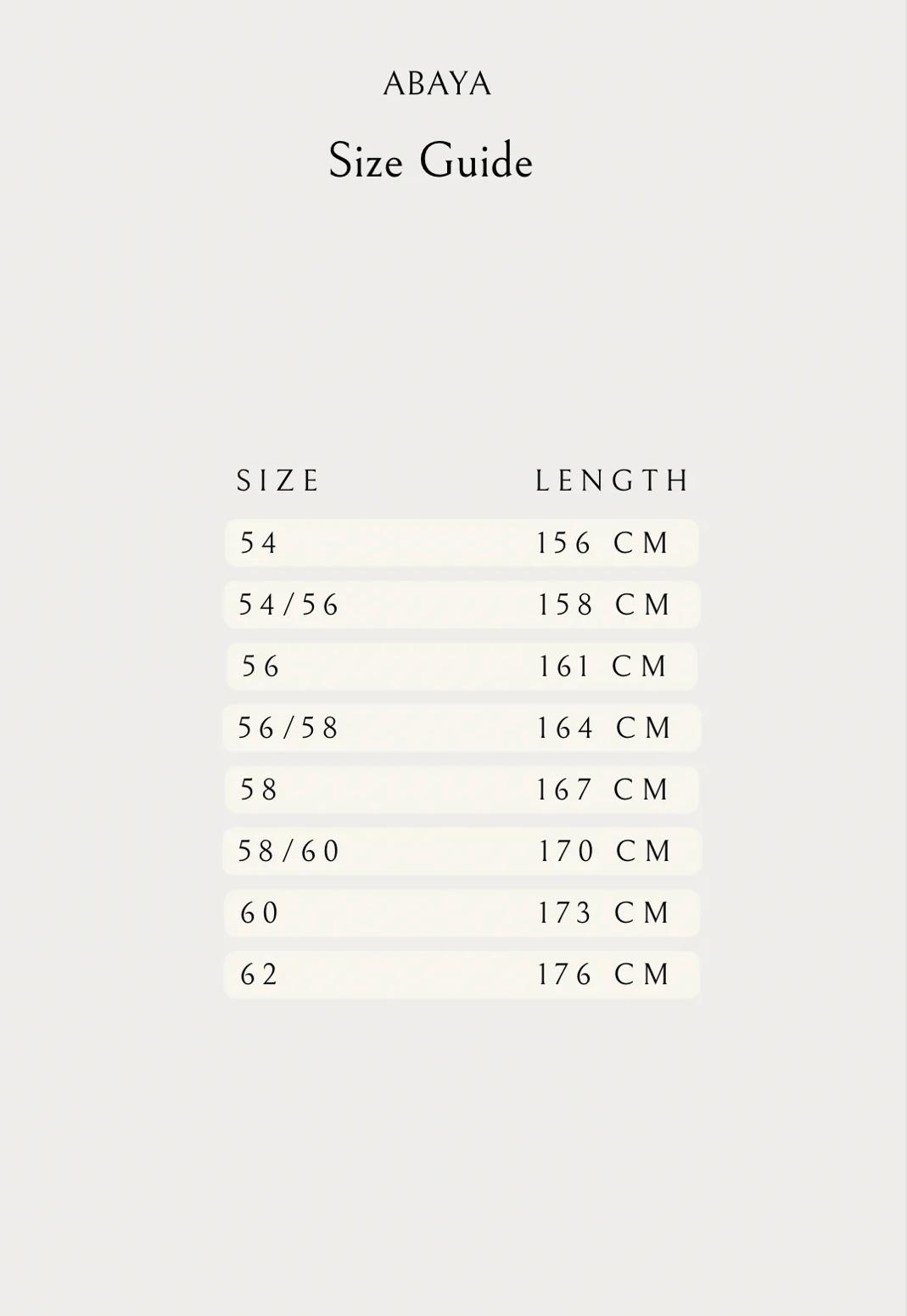 Bihi Boutiques Shop Amina Abaya with Chiffon Hijab offers a size guide table displaying sizes 54–62 and lengths from 156–176 cm, featuring seven pairs on a plain, light background.