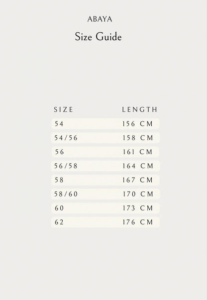 Bihi Boutique’s Stylish Layla Open Abaya size guide lists sizes 54–62 with lengths from 156 cm to 176 cm; the Elegant Black Design shown is in Size 58.